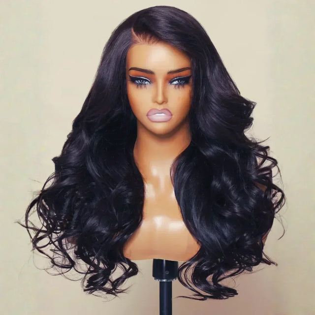 Long black body wave human hair wig on mannequin head, natural styling ready