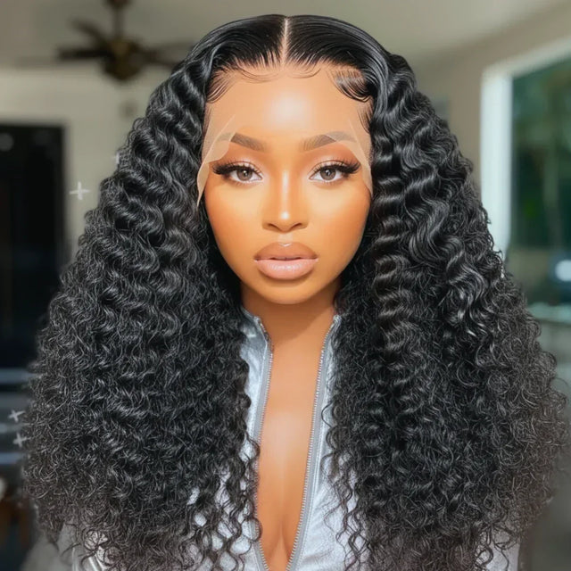 Deep curly human hair wig with lace front, natural-looking waves and middle part