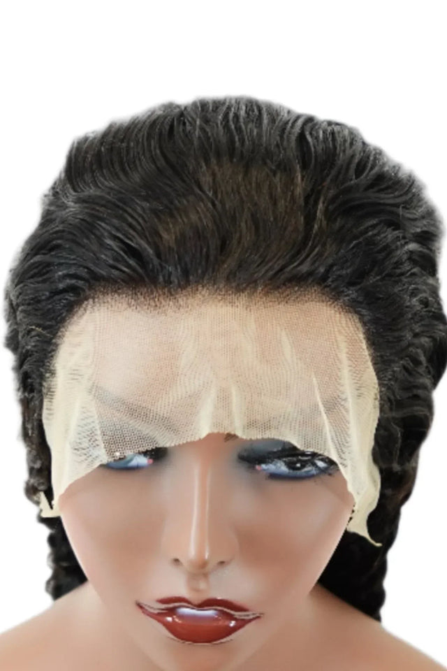 Human hair lace front wig with natural-looking hairline on mannequin head