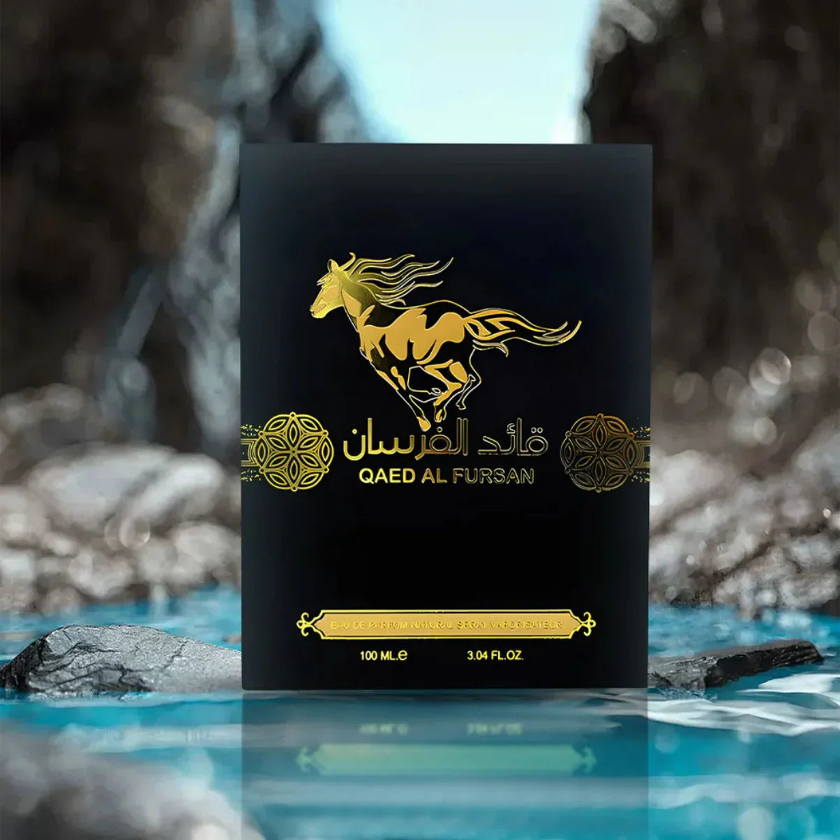 Qaed Al Fursan 100ml natural perfume spray with gold horse logo on black box, luxury fragrance