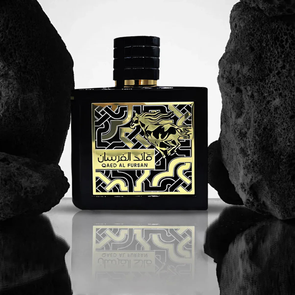 Luxury black perfume bottle with gold horse design, Qaed Al Fursan fragrance, elegant Arabian style