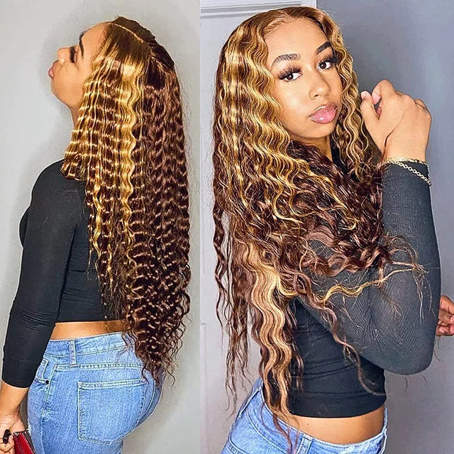 Long curly human hair wig with ombre highlights, natural voluminous waves for stylish everyday wear