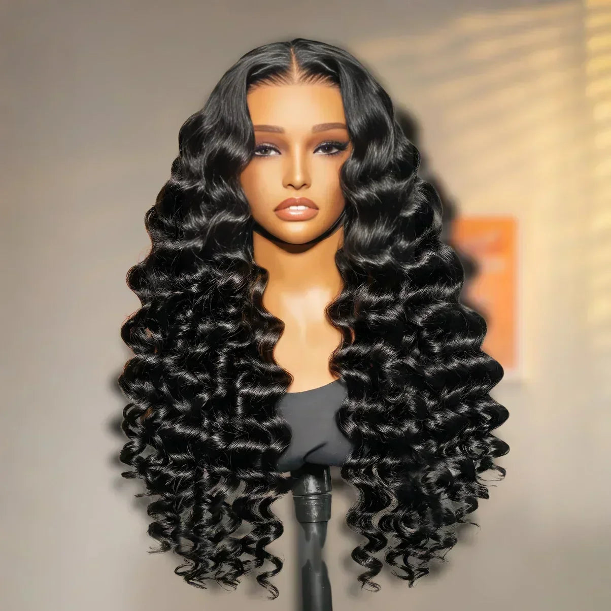 Luxury human hair wig with deep waves, natural part, and voluminous curls for stylish everyday wear.