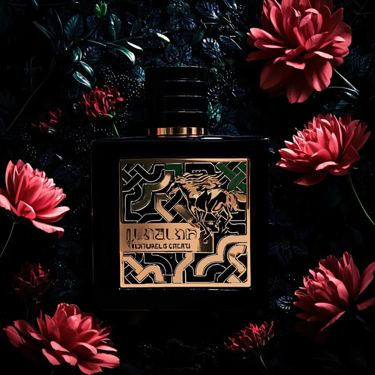 Luxury black perfume bottle with gold horse design, surrounded by red flowers and dark foliage.