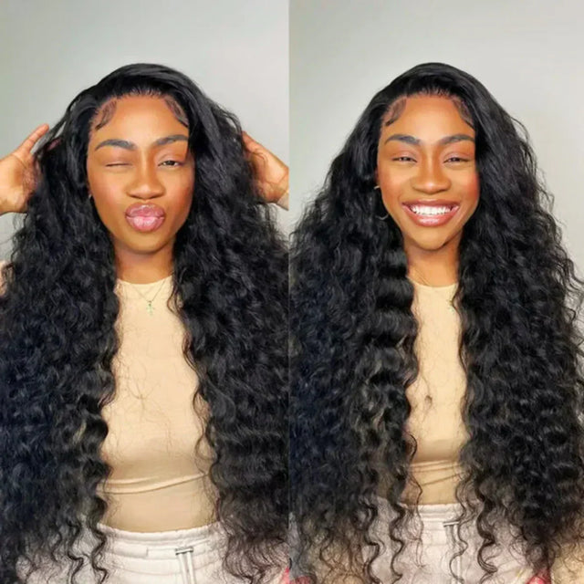 Woman wearing long, curly human hair wig with natural-looking lace front, styled in voluminous waves