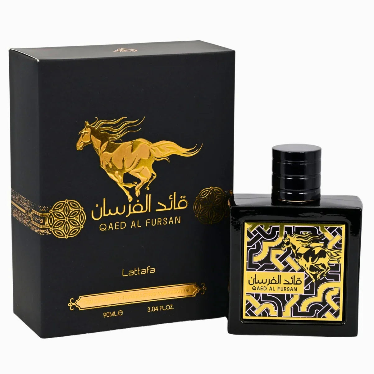 Qaed Al Fursan perfume bottle and box with gold horse design, 90ml luxury fragrance