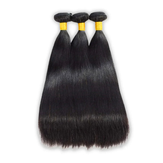 Three bundles of straight human hair extensions with yellow bands, ideal for natural styling and volume.