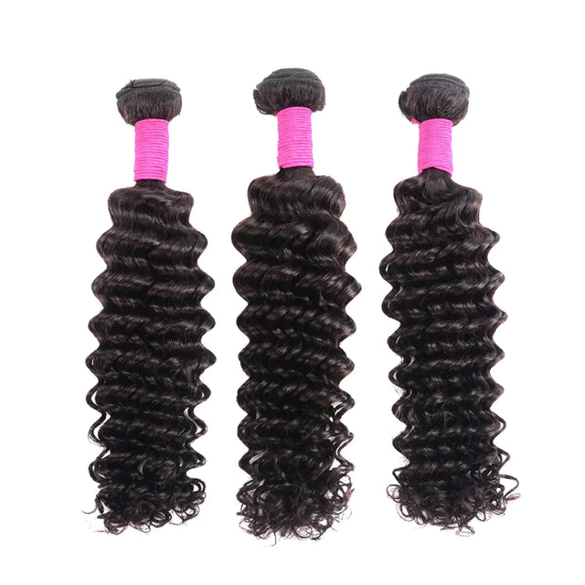 Three bundles of deep wave human hair with pink bands, ideal for natural styling and extensions.