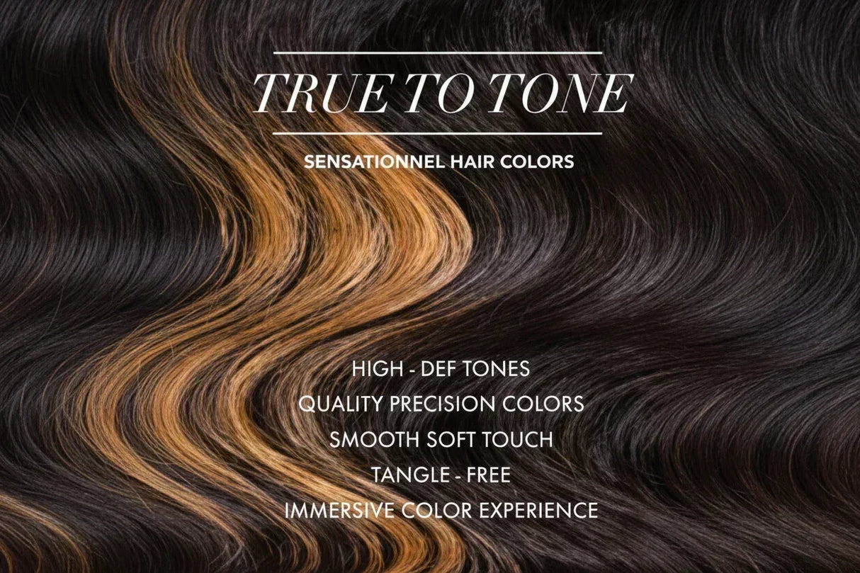 True to Tone human hair wig with rich brown highlights, smooth soft texture, tangle-free for natural styling