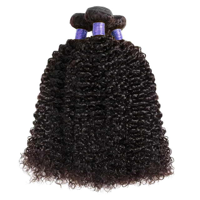 Deep curly human hair bundles with purple weft bands, ideal for natural styling and volume