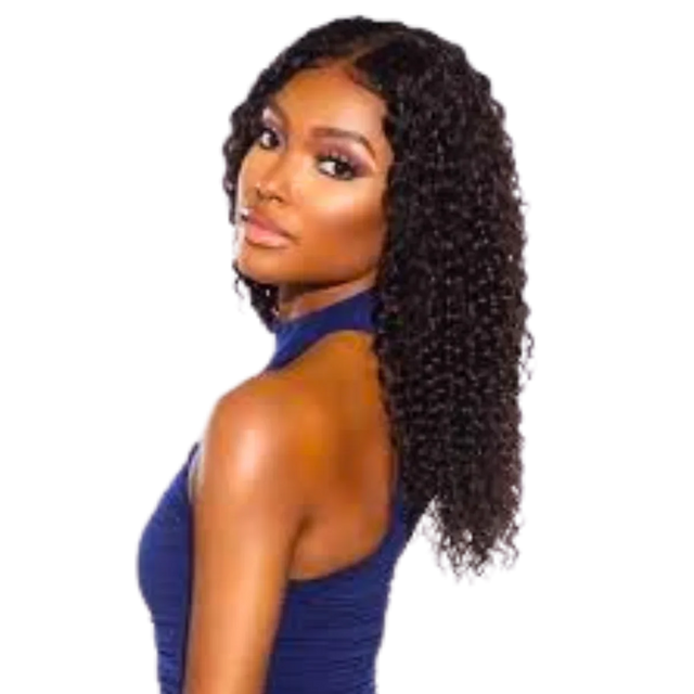 Woman wearing a deep curly human hair wig with natural-looking lace front, styled for volume and bounce.