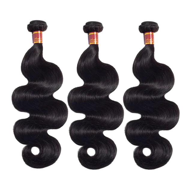 Three bundles of deep wave human hair extensions, natural black color, premium quality for styling
