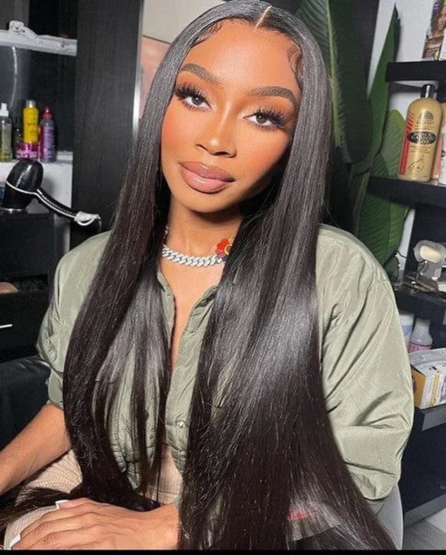 Long straight human hair wig with natural lace front, styled sleek for everyday wear