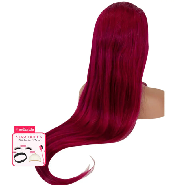 Burgundy human hair wig with free 4-in-1 bundle, sleek long straight style for natural look