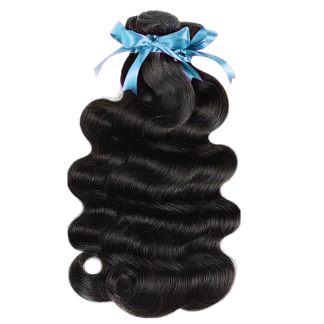 Black body wave human hair bundle with blue ribbon, natural texture for styling
