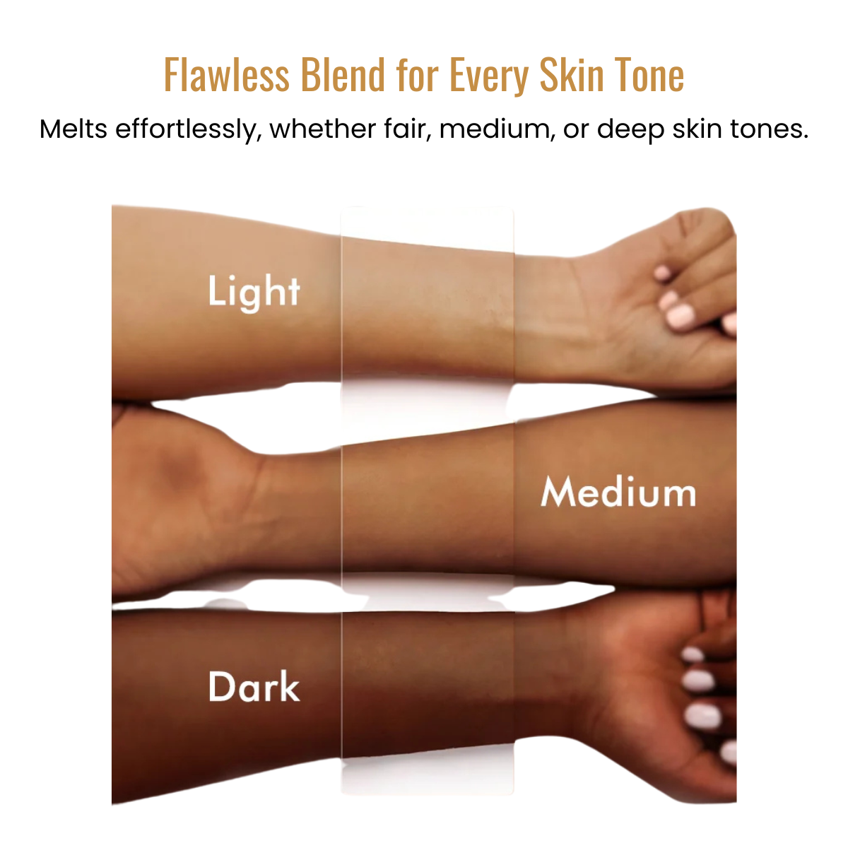 Three arms with different skin tones labeled 'Light', 'Medium', and 'Dark' to demonstrate product compatibility.