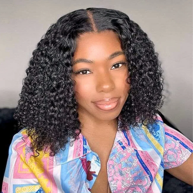 Woman wearing natural curly human hair wig with middle part, styled for everyday beauty look
