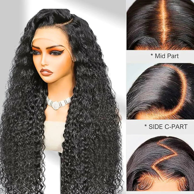 Wavy black wig on a mannequin head with close-up details of hair parts.