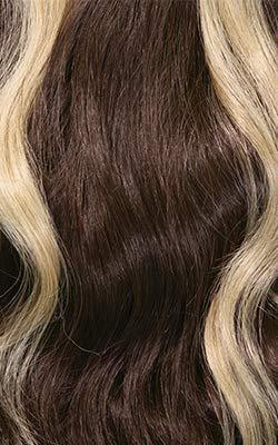 Wavy human hair wig with dark brown and blonde highlights, natural texture for stylish looks