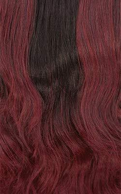 Rich burgundy human hair wig with deep waves and dark roots for natural styling