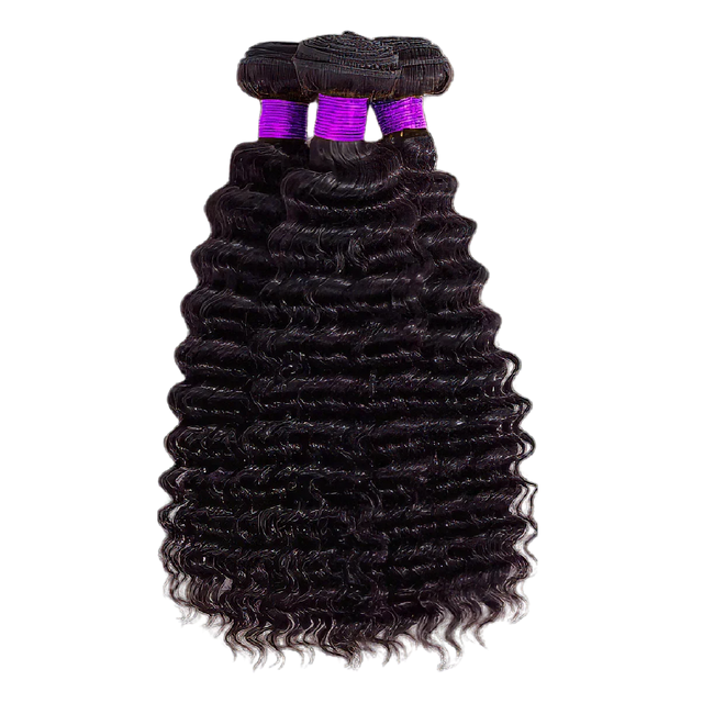 Deep wave human hair bundles with purple weft, natural black color for styling