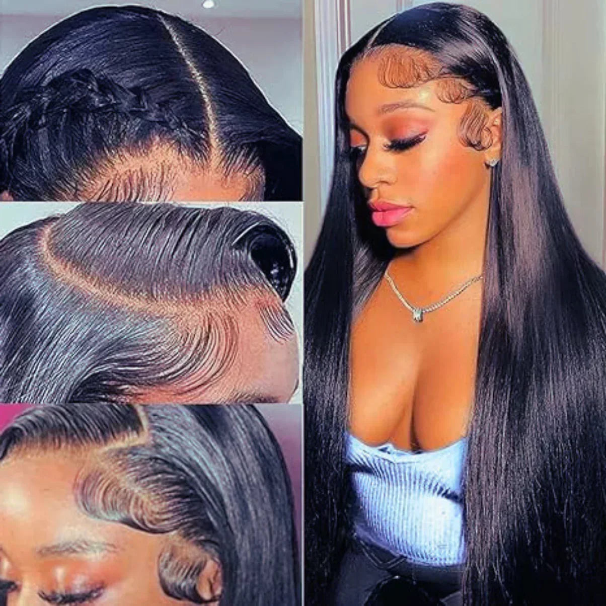 Natural-looking human hair wig with seamless lace front and styled baby hairs for realistic scalp effect
