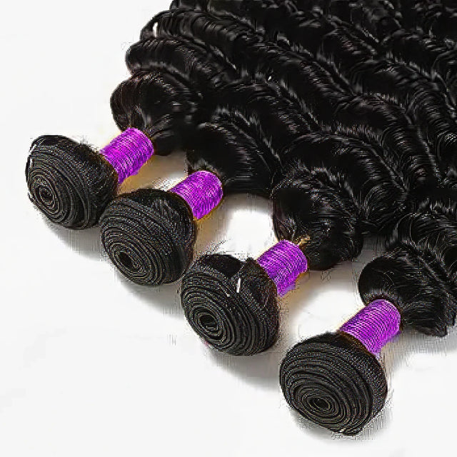 Black deep wave human hair bundles with purple weft, ideal for natural styling and extensions
