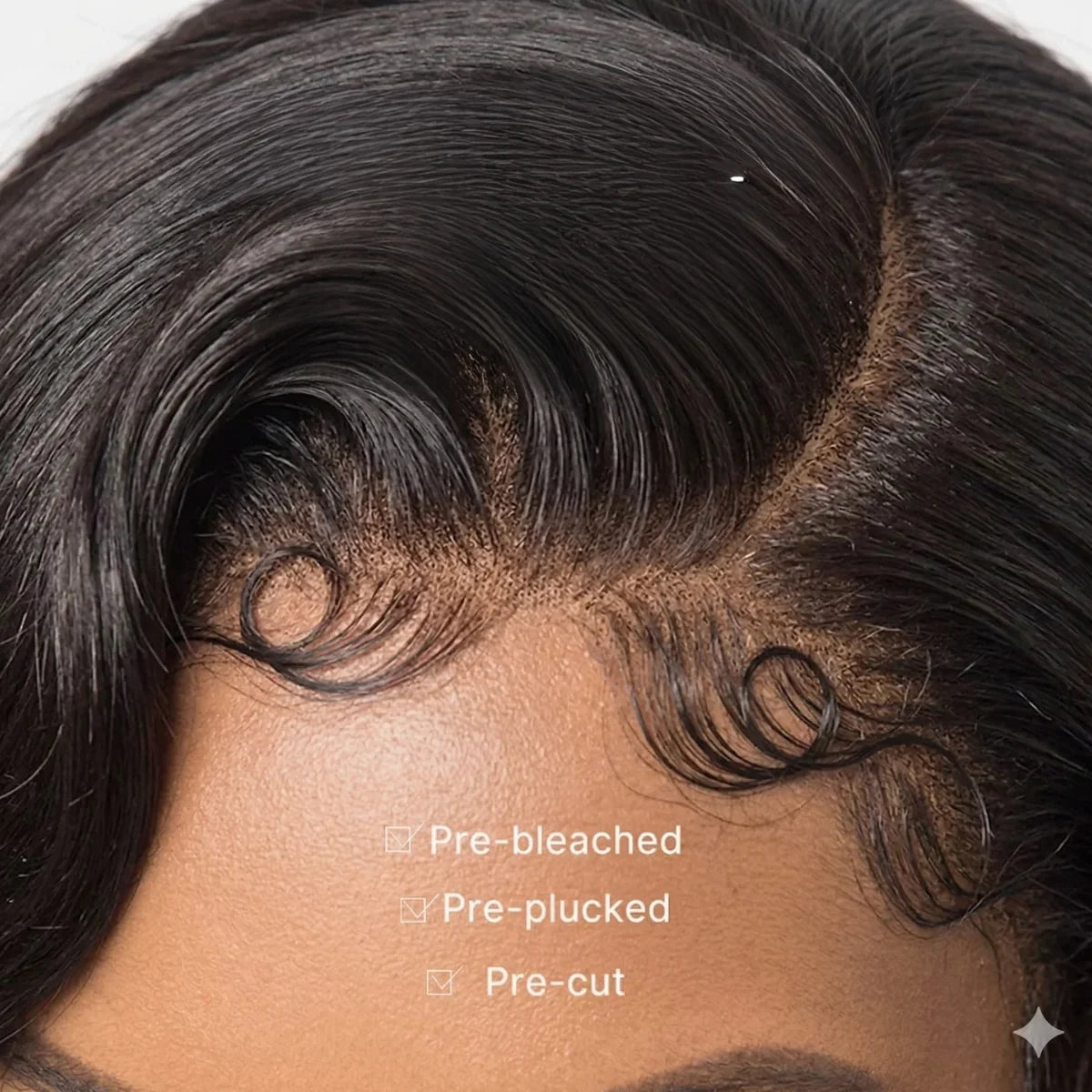 Close-up of a person's head with styled hair, showing pre-bleached, pre-plucked, and pre-cut text.