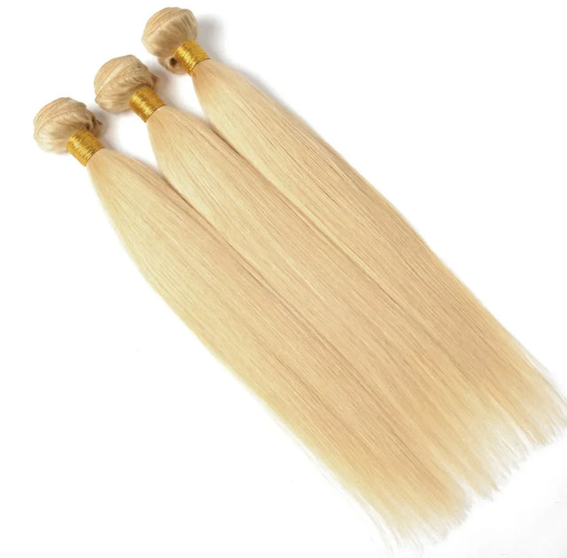 Blonde human hair bundles with gold bands, sleek straight texture for natural styling