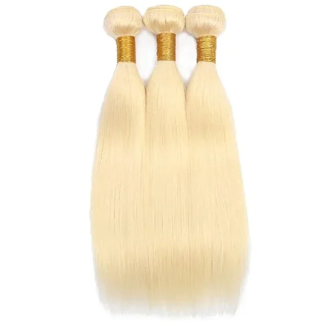 Blonde human hair bundles with gold wraps, sleek straight texture for natural styling