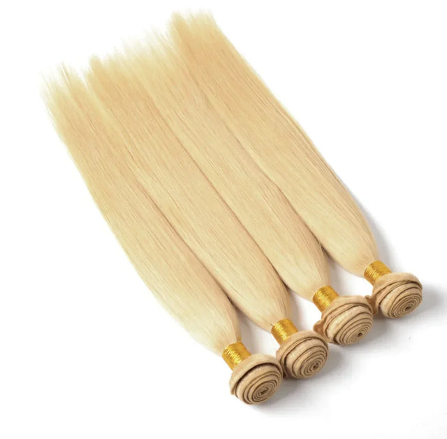 Blonde human hair bundles with gold bands, smooth straight texture for natural styling
