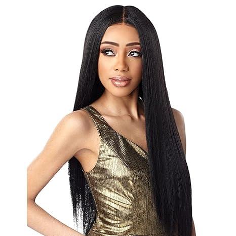 Long straight human hair wig with natural part, sleek black style for versatile beauty looks