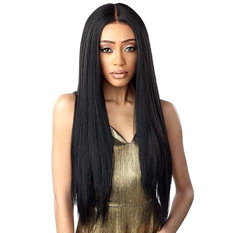 Long straight black human hair wig with natural part, styled for sleek everyday look