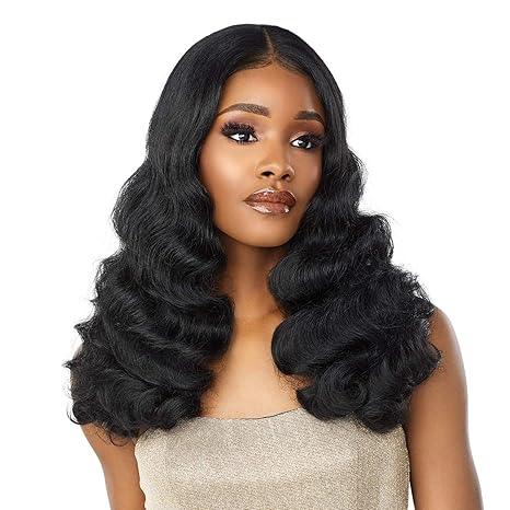 Black body wave human hair wig with natural-looking lace front, styled for voluminous, bouncy curls
