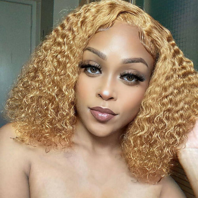 Blonde curly human hair wig with natural-looking lace front and voluminous curls