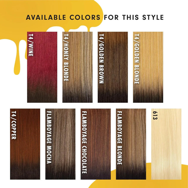 Available human hair wig colors: wine, honey blonde, golden brown, copper, mocha, chocolate, blonde, and 613