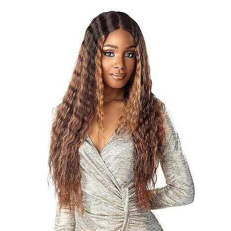 Long wavy human hair wig with ombre highlights, natural styling for everyday beauty