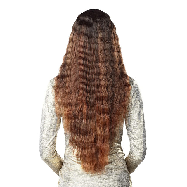 Long wavy human hair wig with ombre brown tones, natural styling for versatile looks