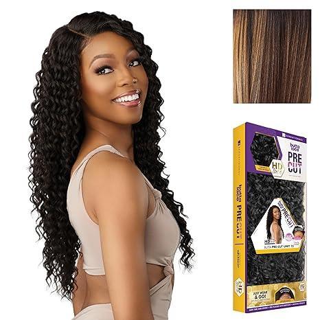 Woman wearing curly human hair wig with pre-cut lace front, shown with hair bundle and packaging