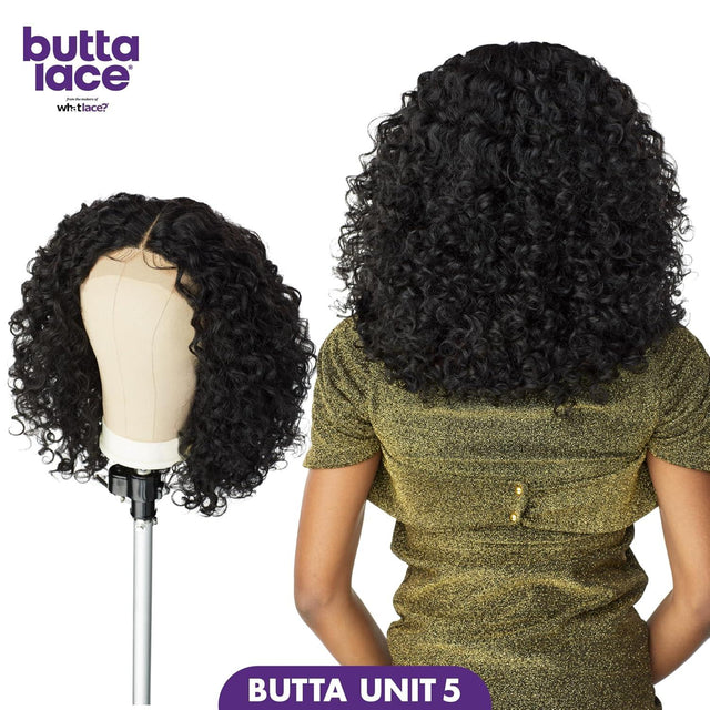 Butta Lace Unit 5 curly human hair wig shown on mannequin and model, natural voluminous curls