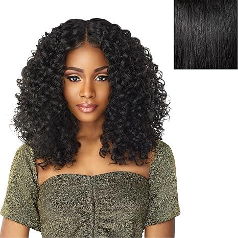 Black curly human hair wig with straight texture swatch, natural styling for versatile looks
