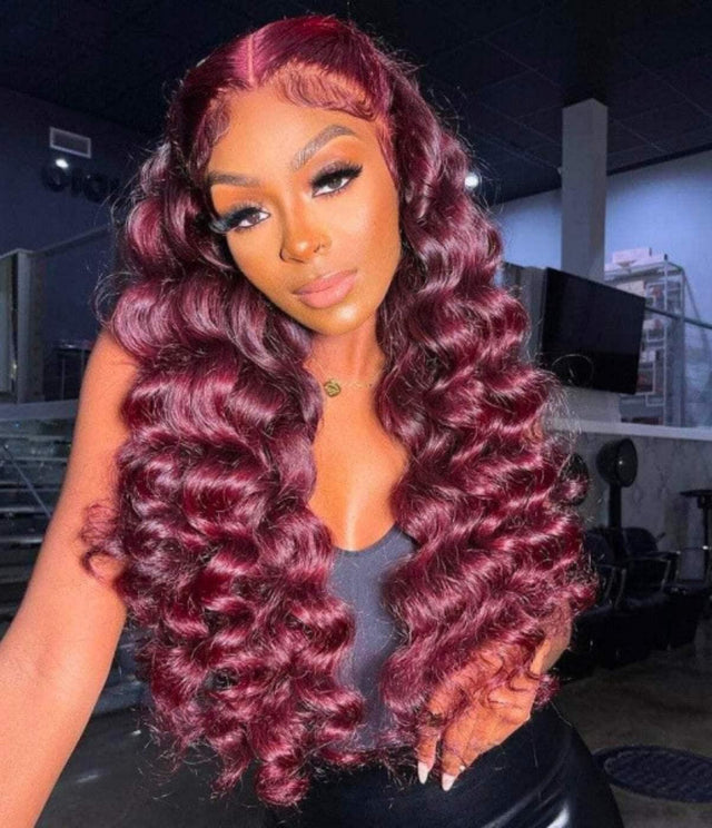 Burgundy human hair wig with deep waves and lace front for natural styling