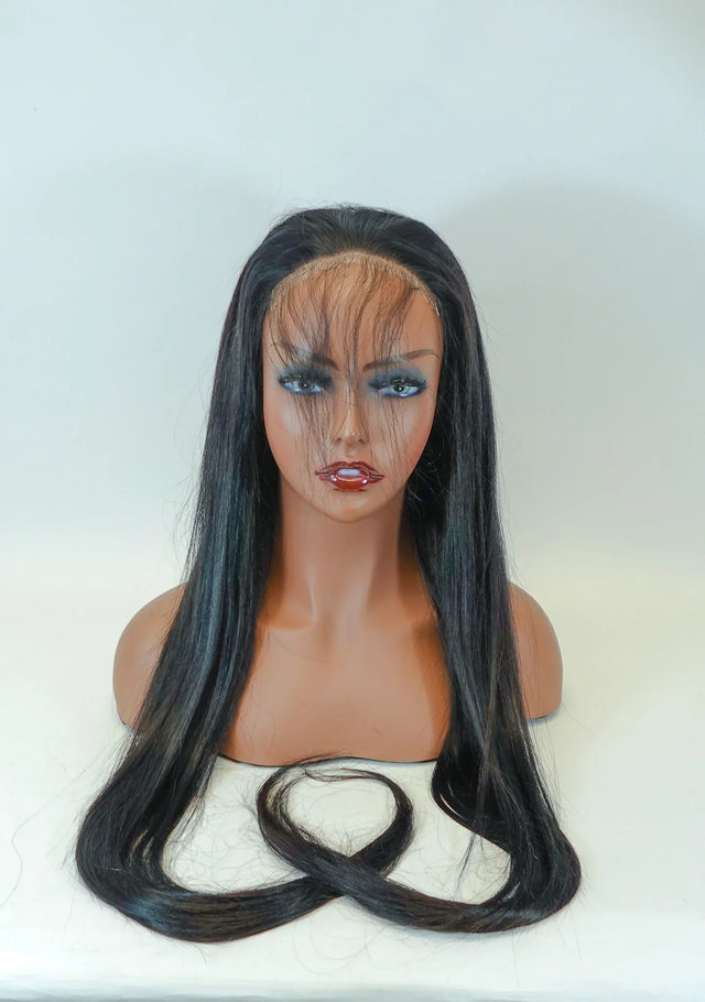 Long straight human hair wig with lace front on mannequin, natural styling ready
