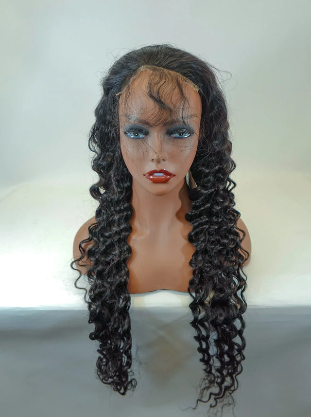 Long curly human hair wig with lace front on mannequin, natural styling for versatile looks