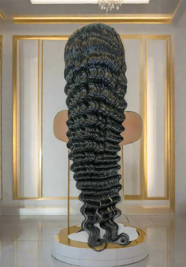 Luxury deep wave human hair wig displayed on mannequin in elegant gold-accented room