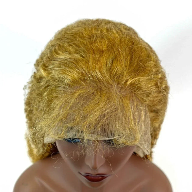 Blonde human hair wig with lace front on mannequin, natural curly texture for stylish looks