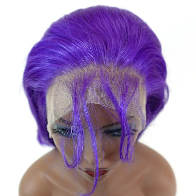 Vibrant purple human hair wig with lace front, styled in sleek bob on mannequin head