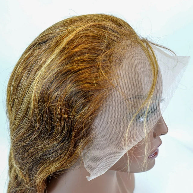 Human hair lace front wig with natural-looking hairline on mannequin head