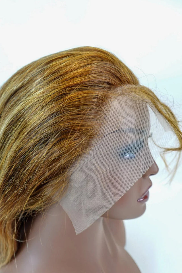 Human hair lace front wig with natural-looking hairline on mannequin head
