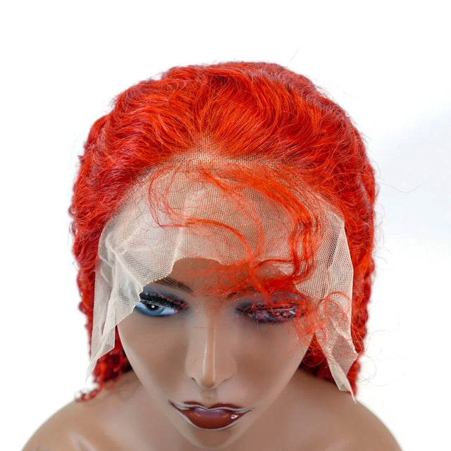 Vibrant red human hair lace front wig with natural-looking part on mannequin